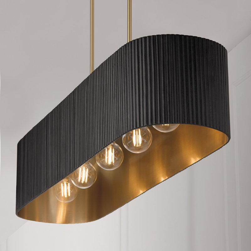 Black Stain and Matte Brass 44" Linear Chandelier with Fluted Mango Wood
