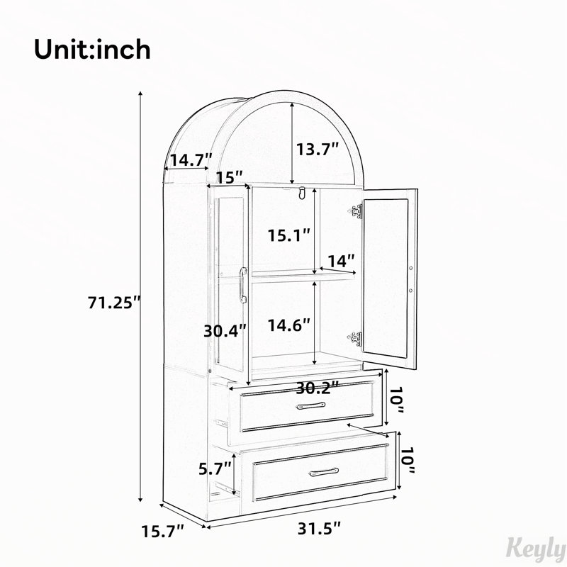 Armoire de rangement arquée avec portes et tiroirs en verre trempé, Blanc