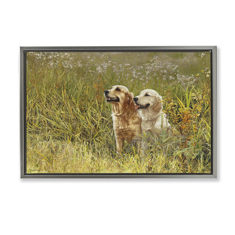 Cadre flottant Happy Dogs Field Day, design par Sueellen Ross, Cadre flottant gris lustré, H 21 po x l 31 po