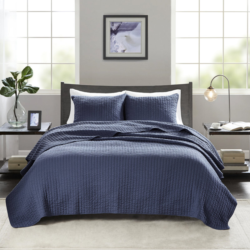 Courtepointe 3 pièces très grand / très grand bleu marine - réversible avec base en microfibre et coton