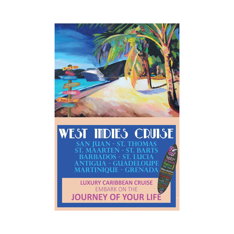 MMB335-Affiche de voyage rétro des Antilles, H 12 po x l 8 po x P 0,75 po