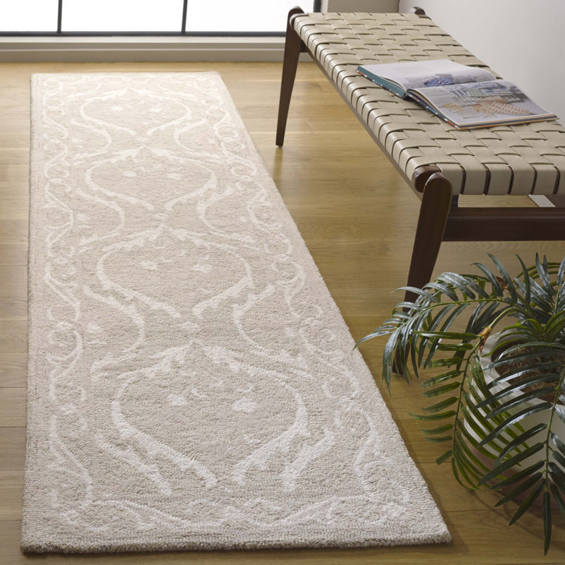 Antoiniece Tufted Wool/Cotton Damask Rug in Beige/Ivory, Runner 2'3" x 8'