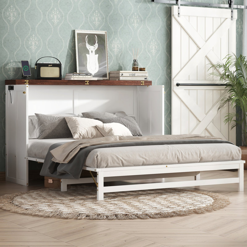 Grand lit escamotable avec tiroir de rangement et station de charge Murphy, port USB, cadre de lit escamotable en pin massif pour bureau personnel, studio ou chambre d'amis, noyer blanc