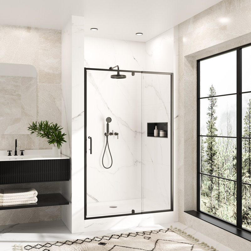 44-48"W x 72"H Pivot Semi-Frameless glass Shower Door with 1/4" Tempered Clear Glass, Reversible Installation, Matte Black