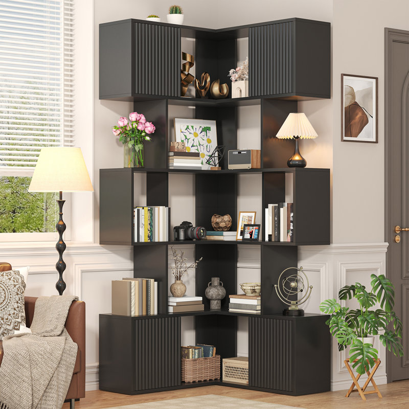 Bibliothèque d'angle en L avec 4 armoires de rangement, bibliothèque de 71 po de hauteur pour le salon, la chambre à coucher, noir