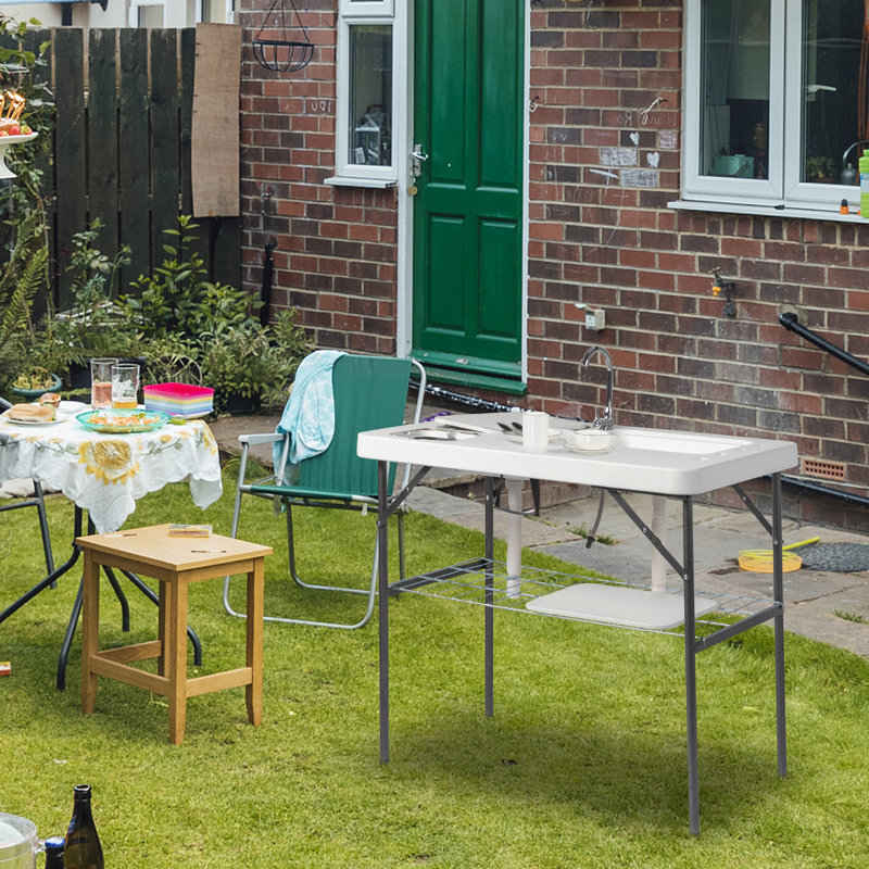 White and Black Folding Outdoor Fish Cleaning Table with Sink