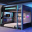 Lit simple superposé en bois avec bureau, deux tablettes de rangement, charge USB et lumière DEL, noir et bleu-668938376-668938388