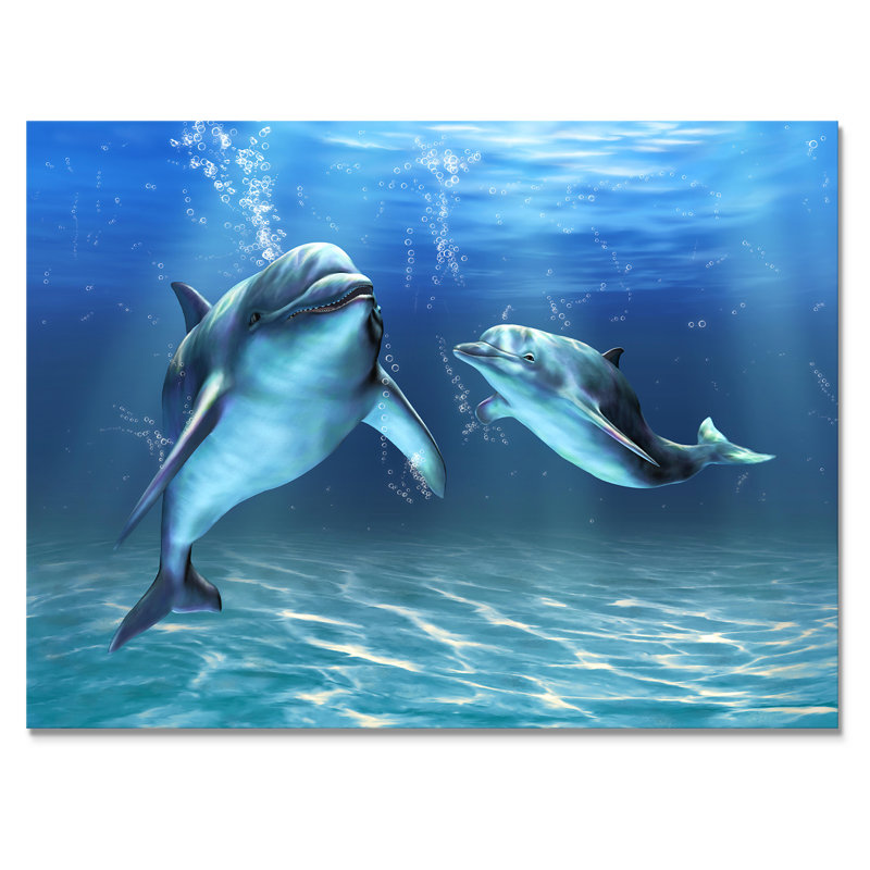 Deux dauphins bleus - Impression sur toile, Toile tendue, H 24 po x l 32 po