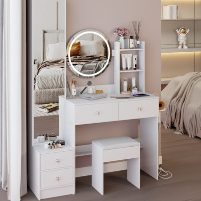 Armoire de toilette avec miroir pleine longueur, miroir DEL de 43 cm de diamètre, 2 prises secteur + station d'alimentation, commandes tactiles, luminosité réglable sur 3 niveaux, coiffeuse ronde, tabouret rembourré, coiffeuse blanche de style américain.