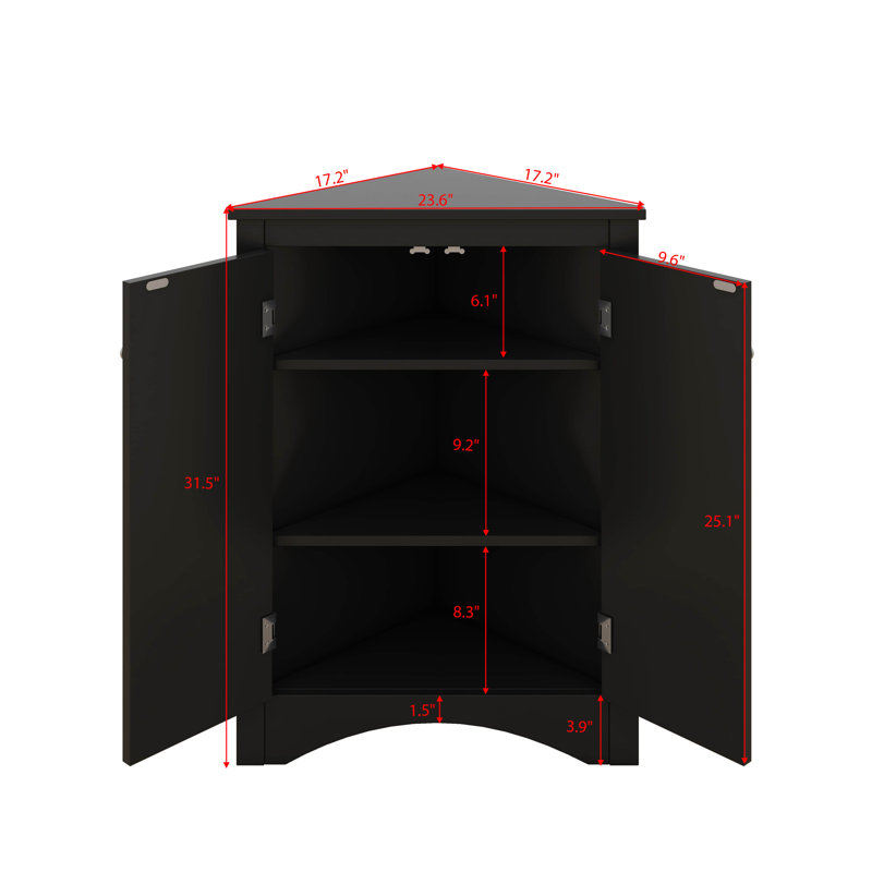 Triangle Bathroom Floor Storage Cabinet With 3 Adjustable Storage Shelves, Black