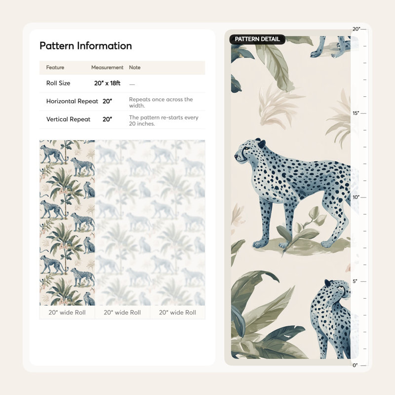 Papier peint décoratif guépard, feuillage tropical, Peler et coller