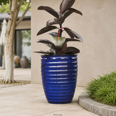 Pot de fleurs en céramique bleu saphir fait main, de 43 cm de diamètre, à motif ondulé horizontal