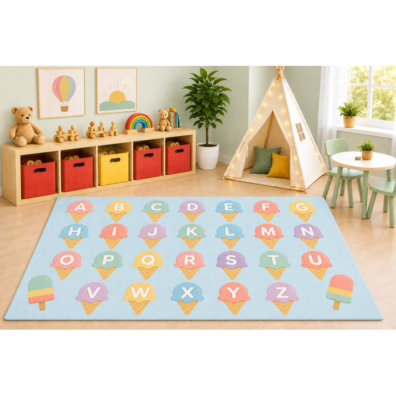 Tapis d'éveil « ultra-léger » 152 x 213 cm (5 pi x 7 pi) à motif de glaces, idéal pour l'apprentissage de l'alphabet avec des bâtons glacés colorés, parfait pour la chambre d'enfant, la crèche ou la salle de classe. Dos en silicone antidérapant, poils courts.