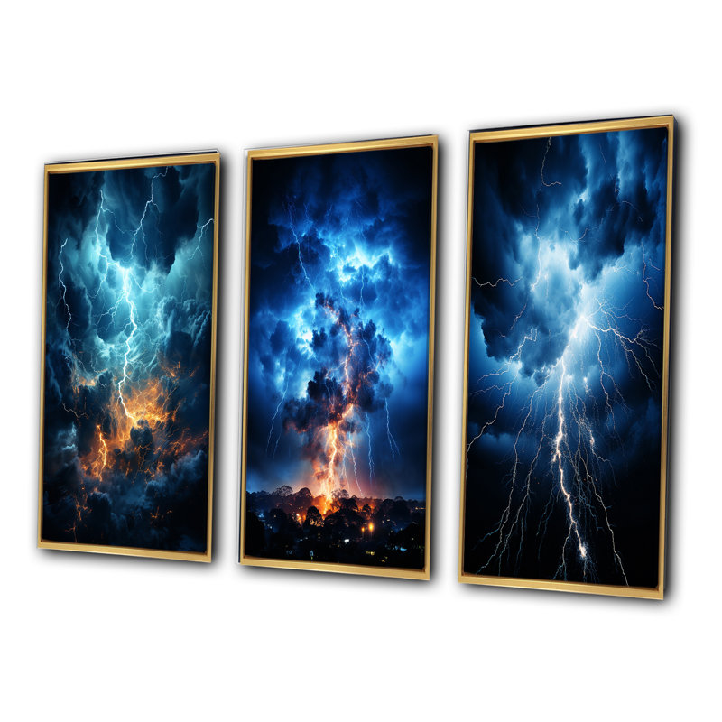 «Lightning Ethereal Lightning», 3 pièces sur toile, Cadre flottant doré, H 32 po x l 48 po