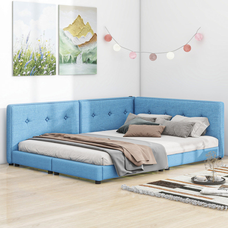 Vesna Upholstered Daybed ,Upholstered Platform Bed with USB Ports,Linen+Wood, Queen, Blue