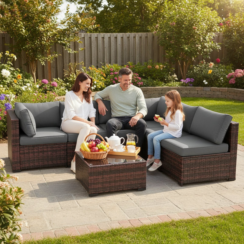 7-piece Outdoor Patio Sectional Set,Wicker Sofa with Coffee Table, Gray