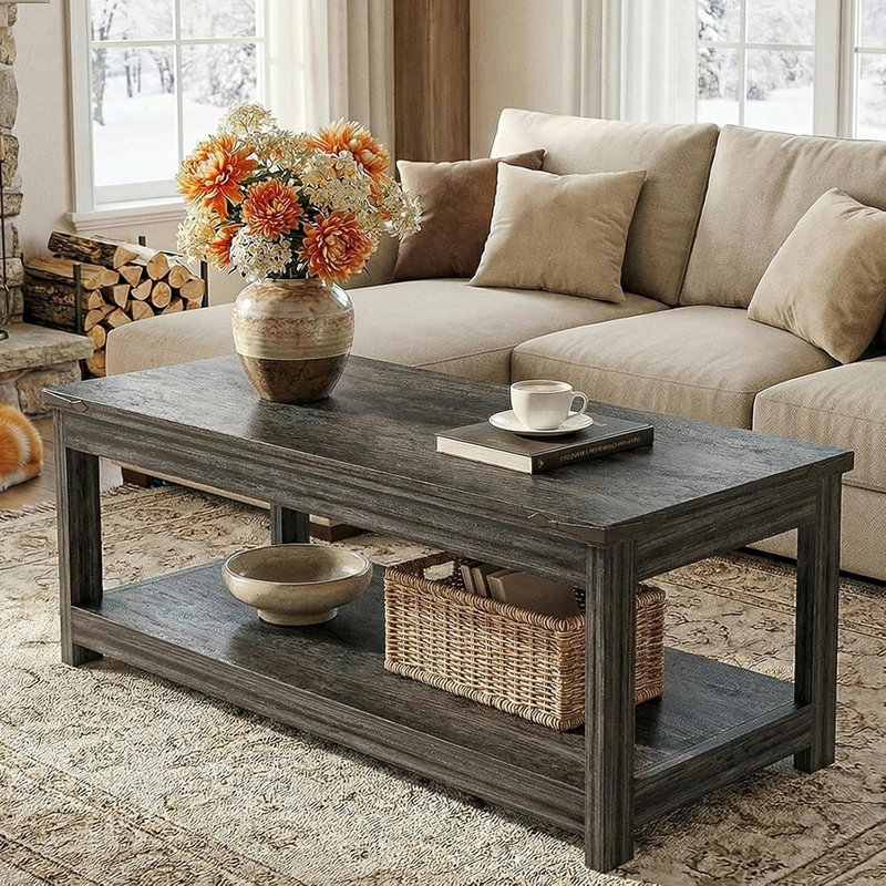 Table basse rectangulaire avec tablette de rangement, table de centre en bois de style campagnard pour le salon, table à thé moderne avec tablette ouverte (finition gris noir)