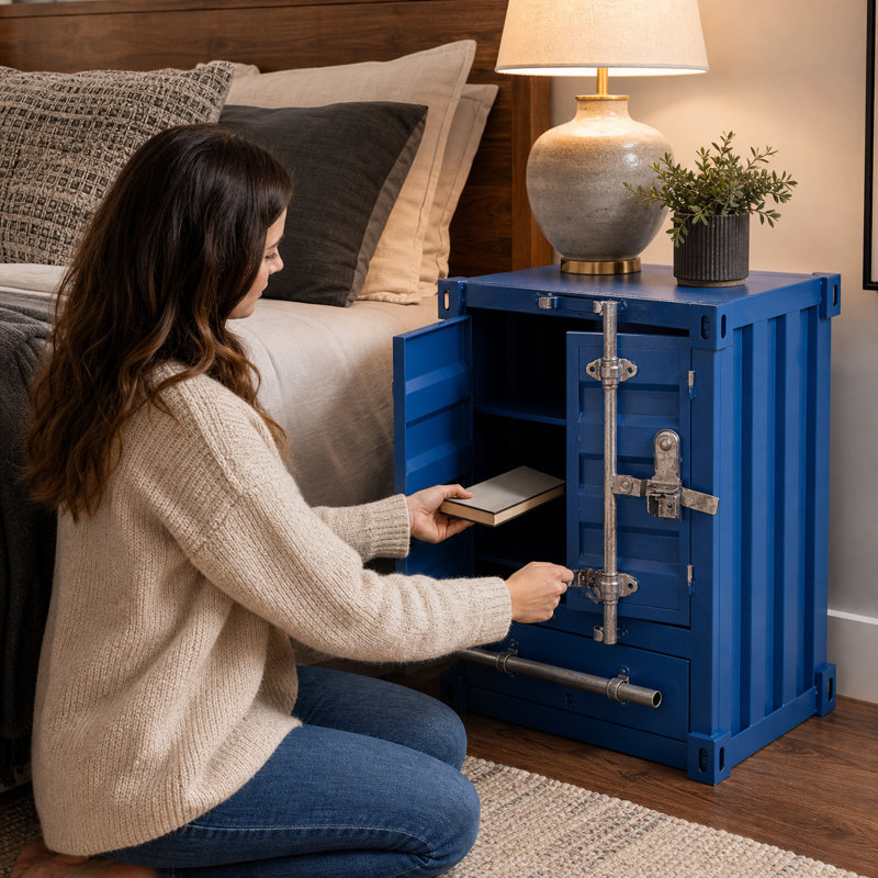 Table de chevet industrielle à 2 portes avec tiroir, armoire d'appoint en métal Industrial, Bleu