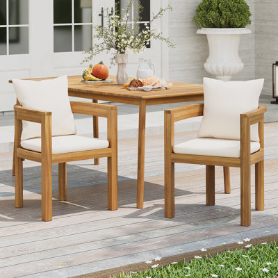 Outdoor Acacia Wood Dining Chair With Beige Cushion, Set Of 2
