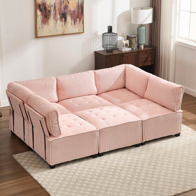 6 Sectional With Reversible Chaise, Pink Corduroy Good For Spine Modular Living Room Couch,