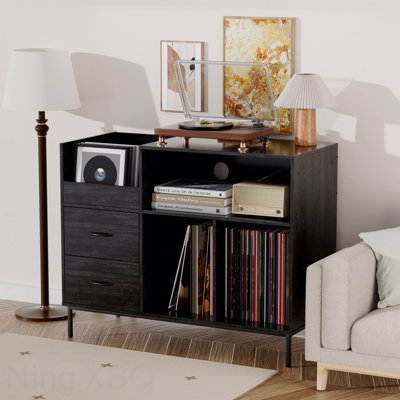 Support de tourne-disque écologique avec plateau rabattable - armoire de rangement en vinyle en bois avec multiprise à 2 prises, tiroirs et casiers anti-poussière, console média pour le salon / bureau