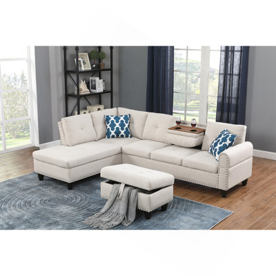 Canapé de rangement avec repose-pieds en forme de L beige