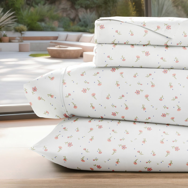 Ensemble de draps en microfibre douce à motif floral 4 pièces, Rose, Reine