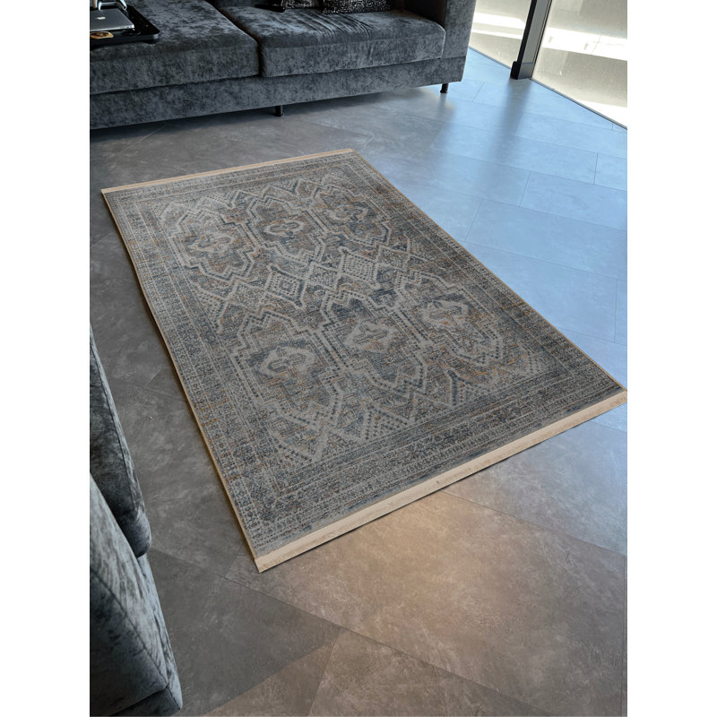 Tapis décoratif rétro à motif gris à motif traditionnel, Rectangle 5 pi 1,02 po x 7 pi 6,55 po