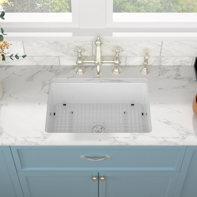 Évier de cuisine encastré / encastré en argile réfractaire blanche L 27 po x l 19 po avec grille d'évier et crépine