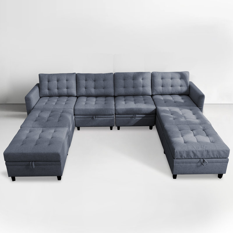 Balus Modular Sofa Bed Set, Button Tufted Reversible Modular Couch With 4 Storage Ottomans, 8 Seater Oversized U Shape Sleeper Sectional Couch Modular Sofa Couch For Living Room