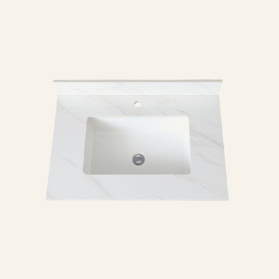 31 Inch Marble Vanity Top, White Vanity Top With Pre-Drilled Faucet Holes, Bathroom Vanity Top With Undermount Rectangular Middle Sink And 4" Height Backsplash,  Bianco Carrara Venato