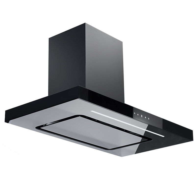 36" 600 Cfm Black Wall Mount Range Hood With Glass Panels