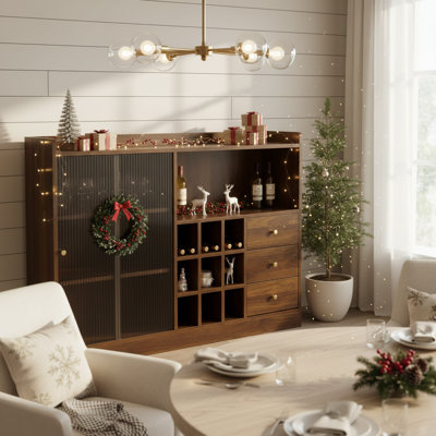 Pantry Cabinet with 2 Sliding Striped Glass Doors, Freestanding Sideboard Buffet Storage Cabinet, Walnut