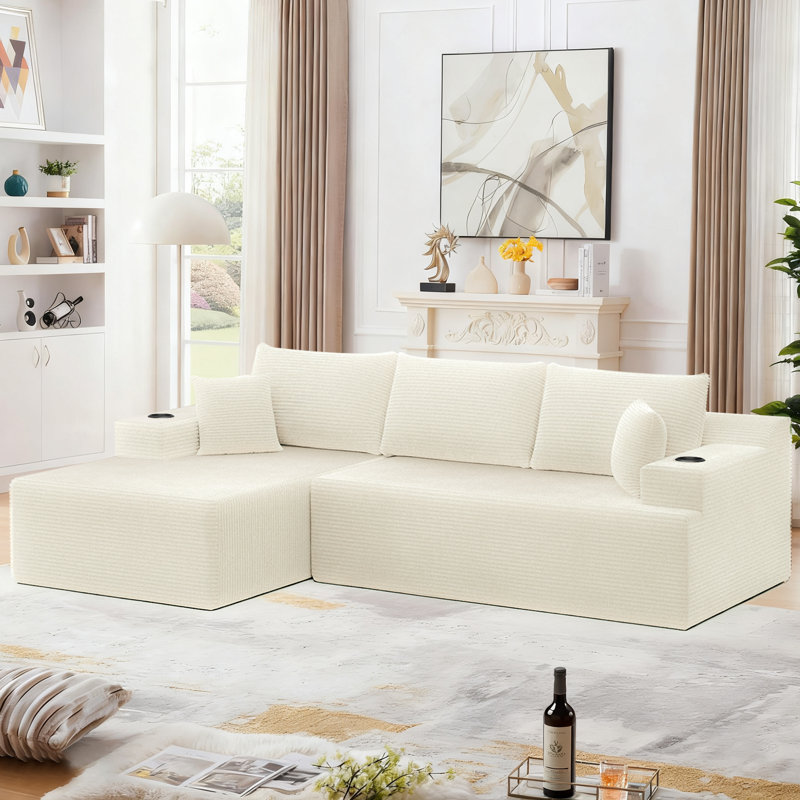 Canapé modulaire en L 105 po en forme de L avec sièges profonds et porte-gobelets pour salon, beige