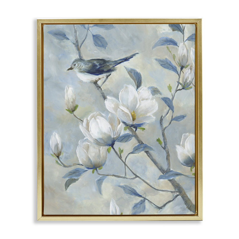 Oiseau bleu dans un cadre flottant arbre magnolia, design par Nan, Cadre flottant métallique doré, H 21 po x l 17 po