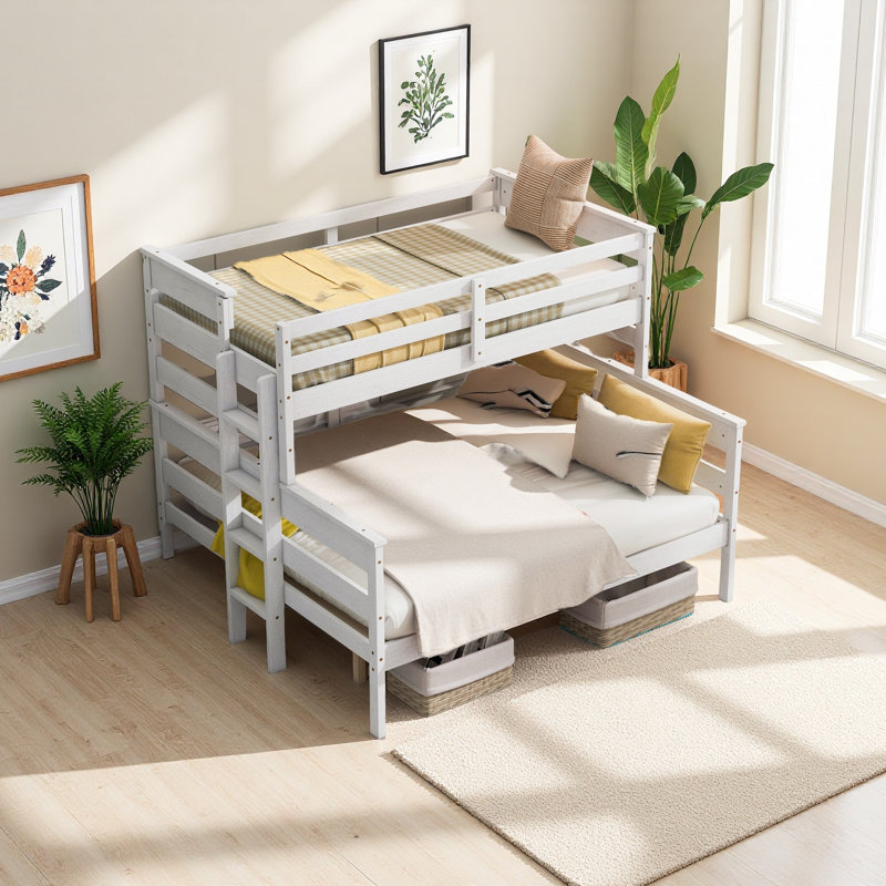 Lit simple superposé au-dessus de grand lit en bois avec échelle Wood, Blanc