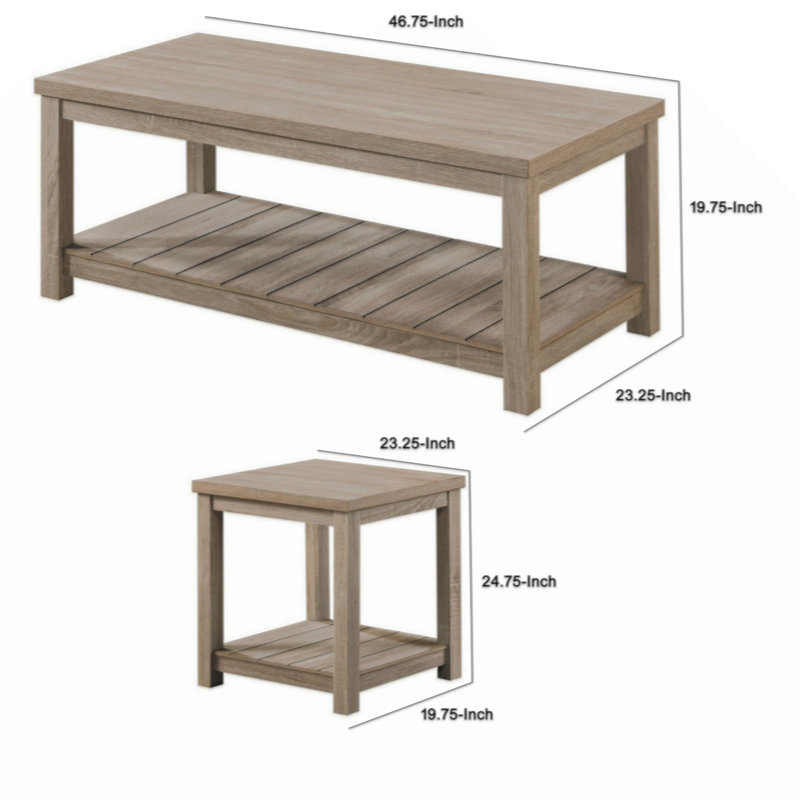 3 Piece Rectangular Coffee Square End Table Set, Slatted