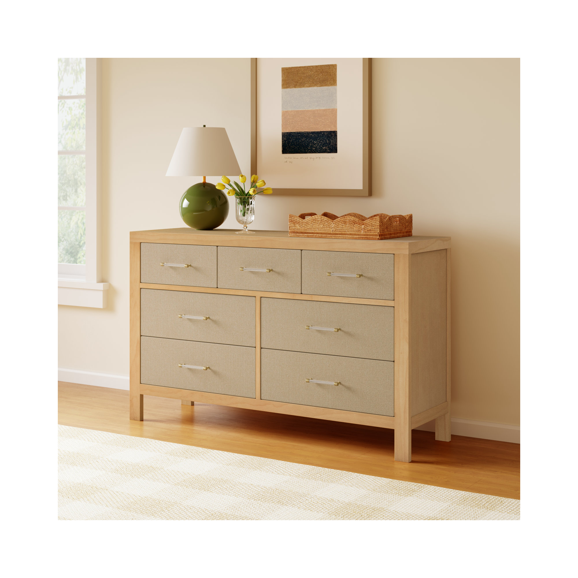 Eloise 7-Drawer Assembled Dresser, Honey/Performance Sand Eco-Weave