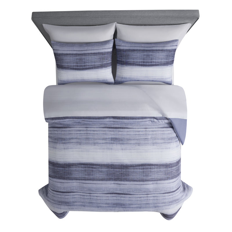 Alix 7pc Watercolor Striped Bed in a Bag Reversible Comforter Set with bed sheets, Queen, 7, Blue