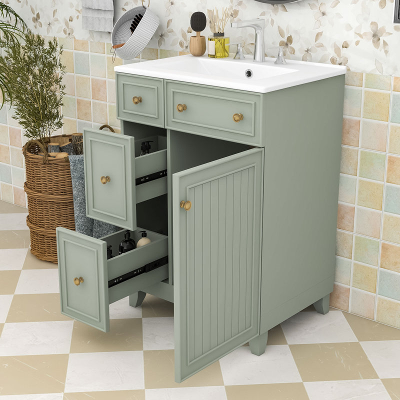 Compact 24-Inch Bathroom Vanity Cabinet with Ceramic Sink, Green, Gold