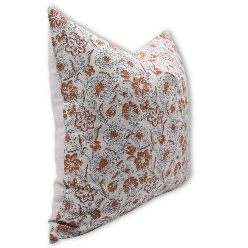 Housse de coussin en lin pur imprimé à la main Fabividine Kumkum - taille de coussin décoratif orange - 20 x 20 pouces, Carré
