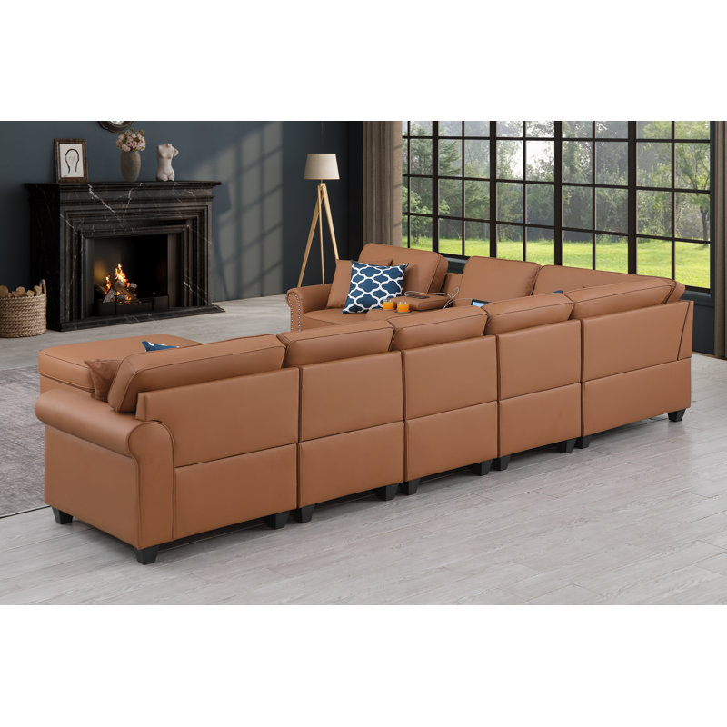 Faux Leather L-Shaped Sectional, Brown Faux Leather
