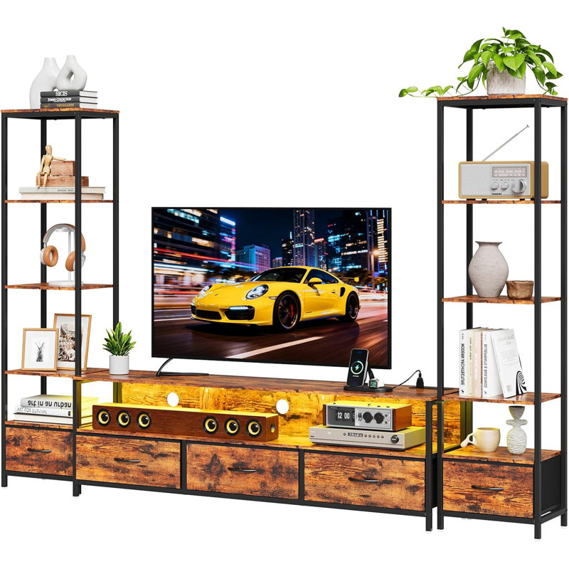 TV Stand with 5-Tier Bookshelf & 5 Fabric Drawers, Modern LED TV Console Table with Power Outlets