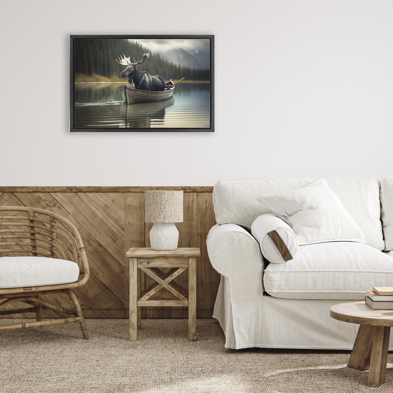 Cadre flottant «Moose in Canoe Tranquility», design par Sasha, Cadre flottant noir de jais, H 17 po x l 25 po