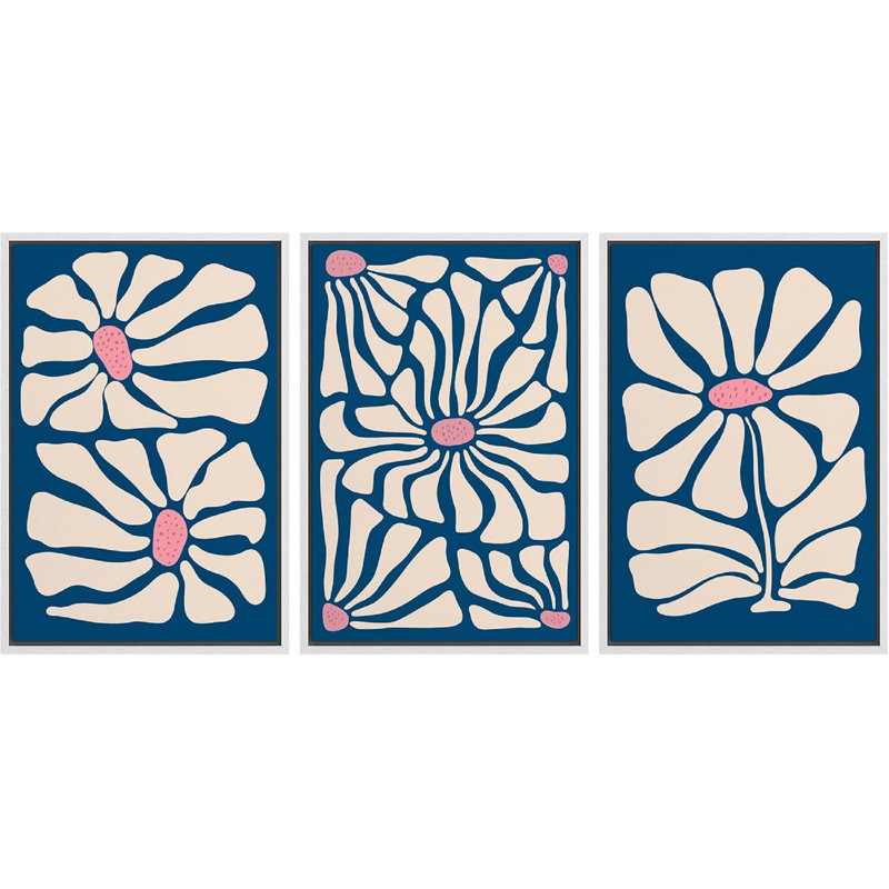 Abstrait botanique, "Fleurs bleu marine", art bohème moderne, impression sur toile encadrée 3 pièces, Blanc