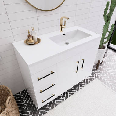 Fine Fixtures Oakville 42 in. W x 18 in. D x 33 in. H Bathroom Vanity in  Black Coal Oak with White Ceramic Sink - Satin Brass hardware 