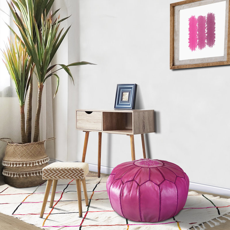 Leather Pouf, Hot Pink Genuine Leather