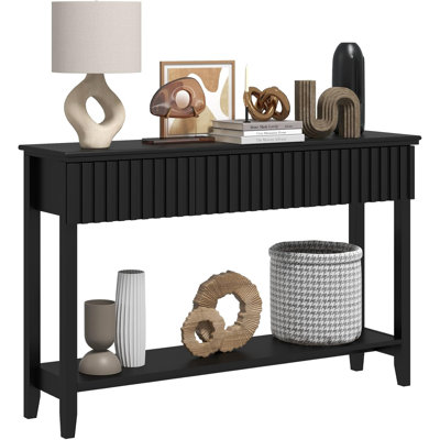 51.18" Black Modern Fluted Console Table with 3 Drawers and Open Storage Shelf