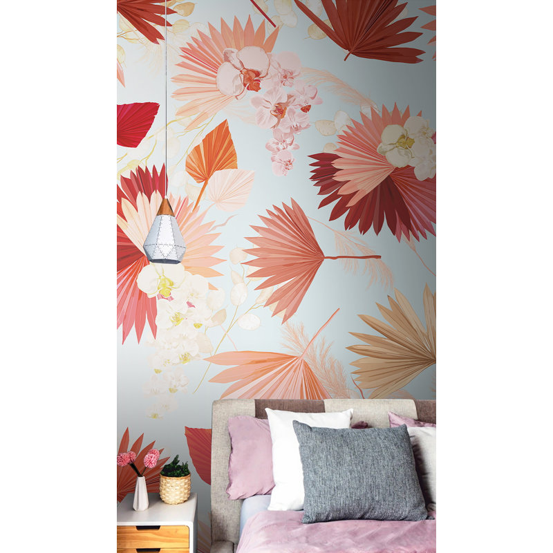 Papier peint à motif de feuilles de palmier corail sur fond bleu clair, L 106 po x l 187 po