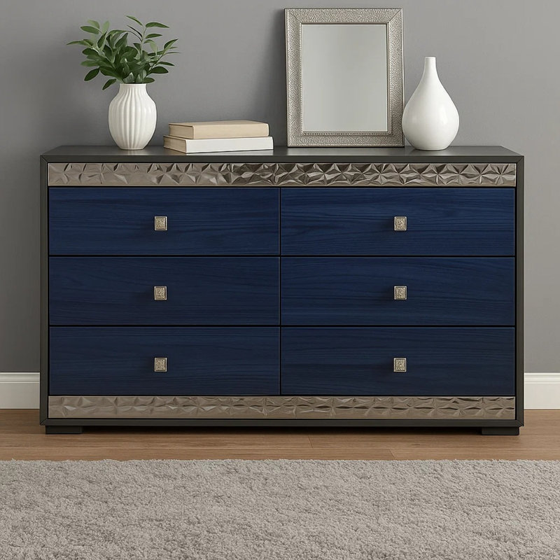 Commode 6 tiroirs Cote, gris cendré, bois massif bleu indigo, chrome